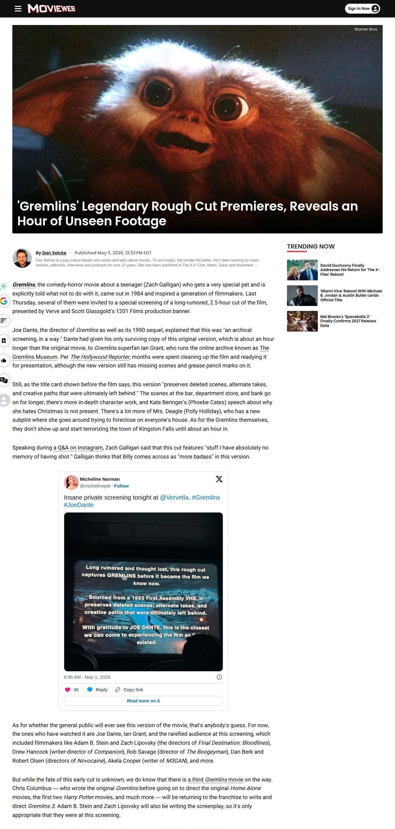 MovieWeb website coverage of the Gremlins Rough Cut