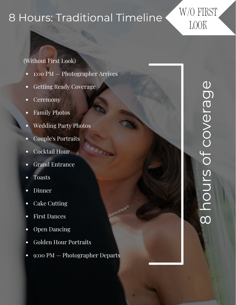 Wedding photography 8-hour traditional timeline guide showing schedule from 1PM arrival through 9PM departure without first look.