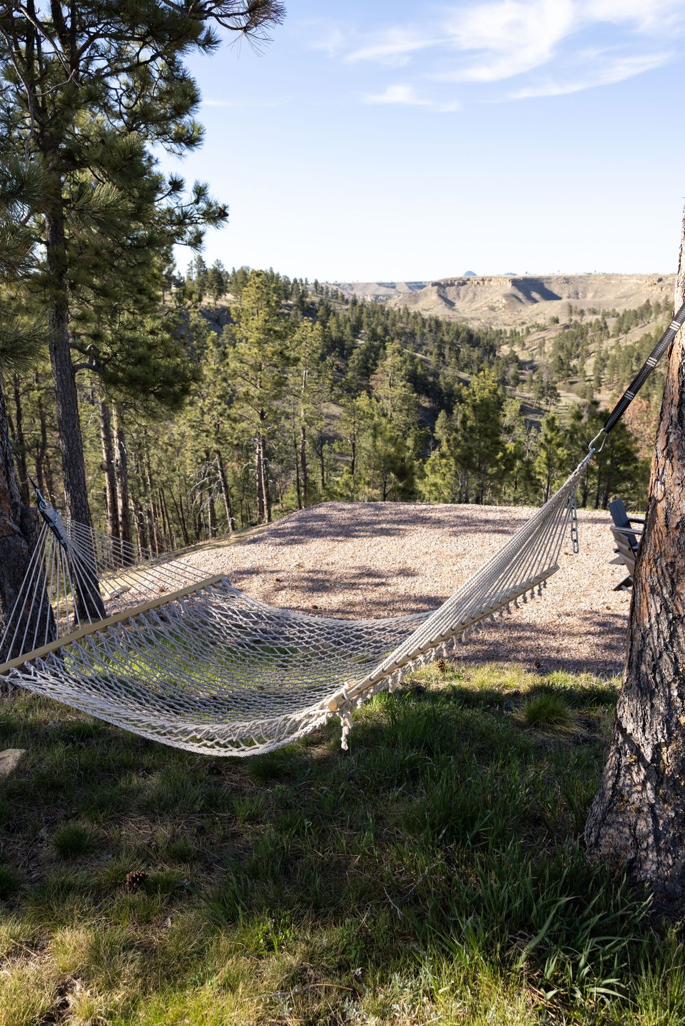 A rope hammock strung between pine trees overlooking a scenic forested valley and rocky cliffs under a blue sky.