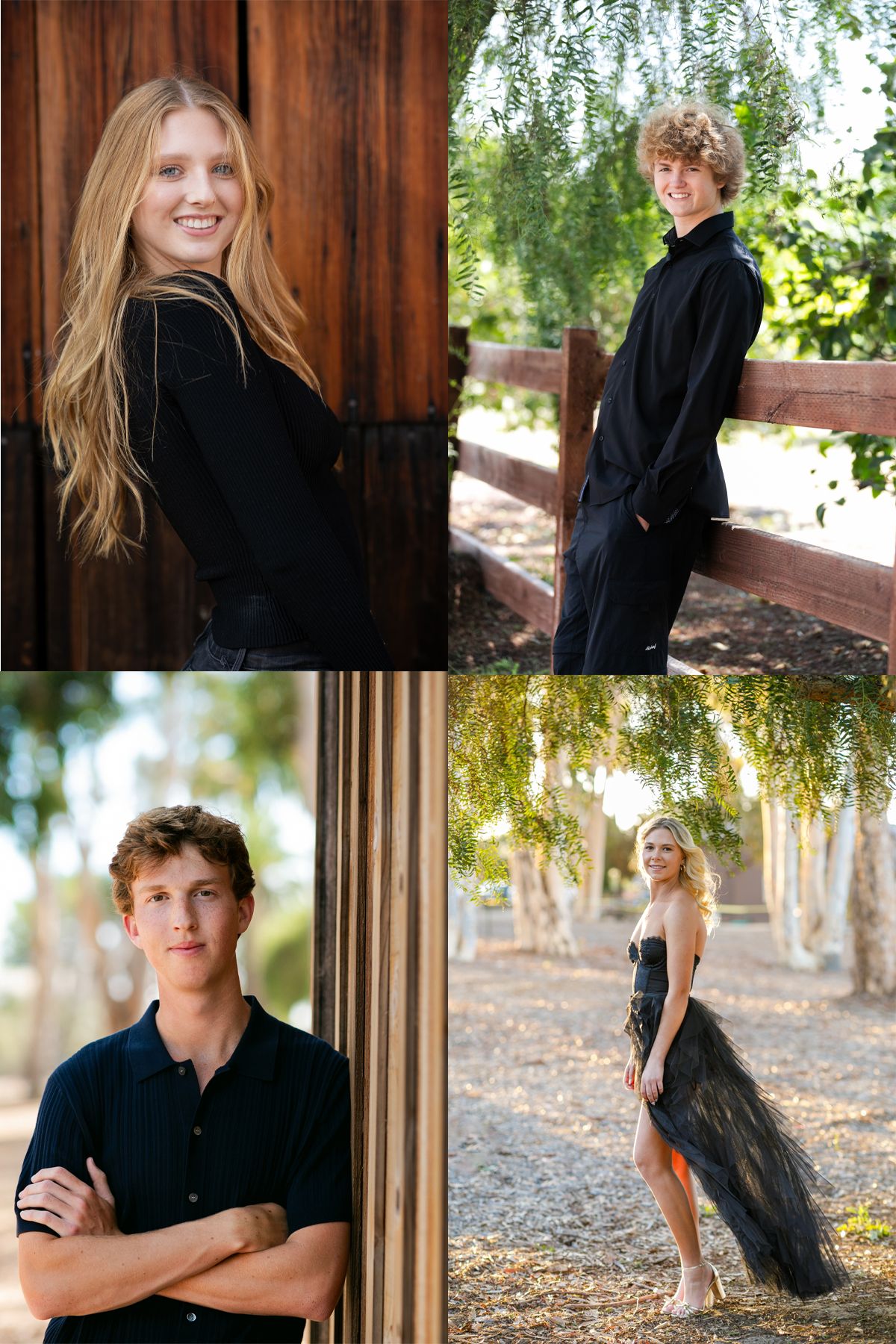 Four artistic outdoor portrait photos in a rustic setting showing casual poses against natural backdrops in black attire.