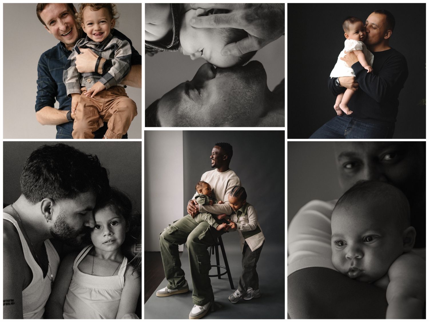 A heartwarming collage of fathers bonding with their young children in tender, intimate studio portrait photography sessions.