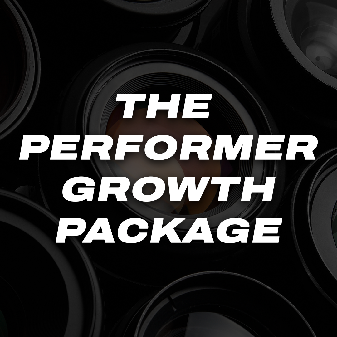 Bold text on dark background reads The Performer Growth Package, ideal for artists seeking career development.