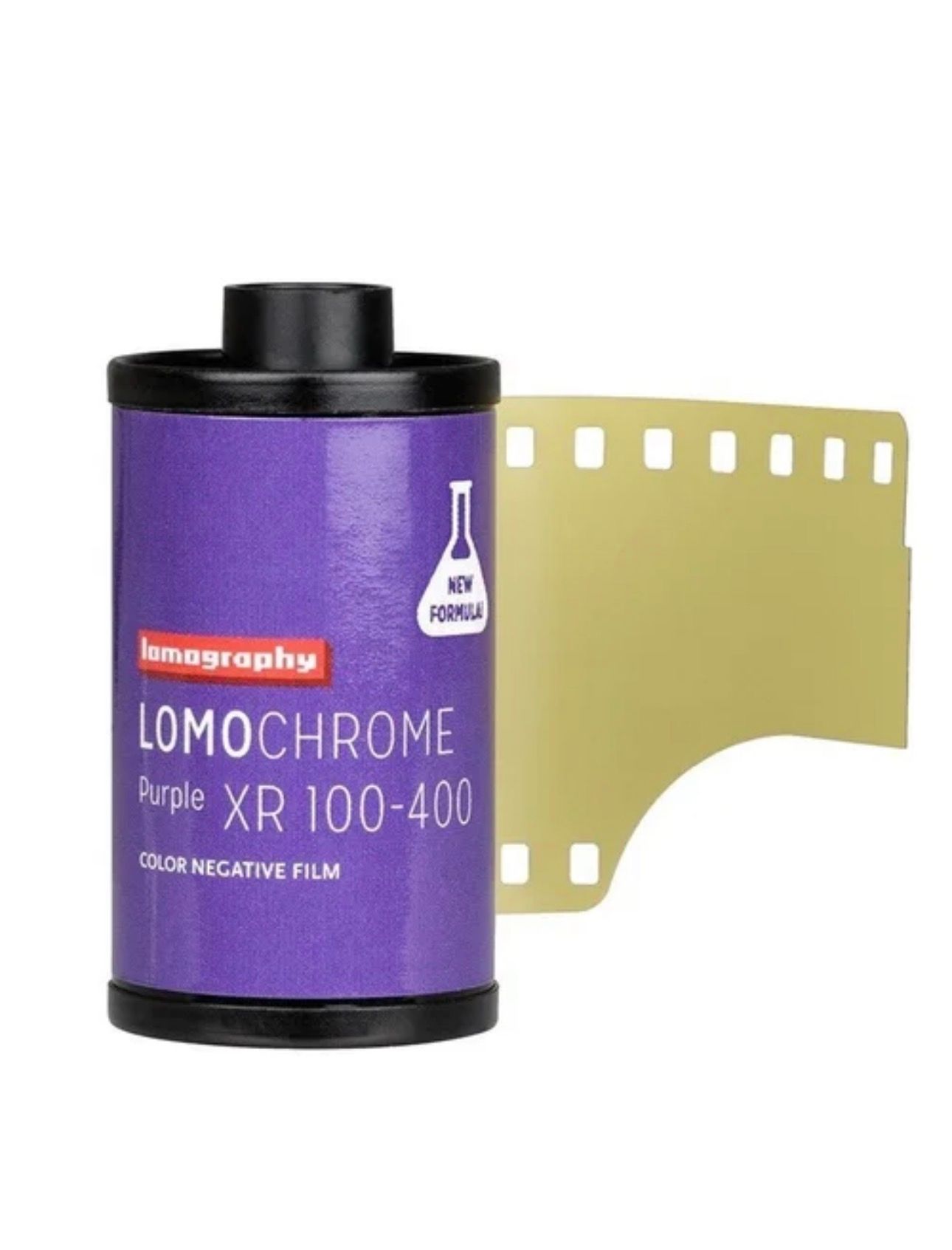 Lomography LomоChrome Purple CN 35mm XR 100-400 film canister and packaging box on white background.