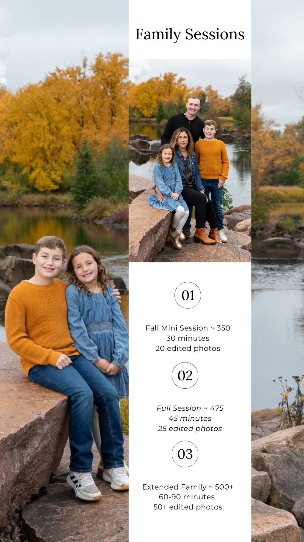 Family photography session pricing guide showing parents and three children posing on rocks near a lake surrounded by fall foliage.