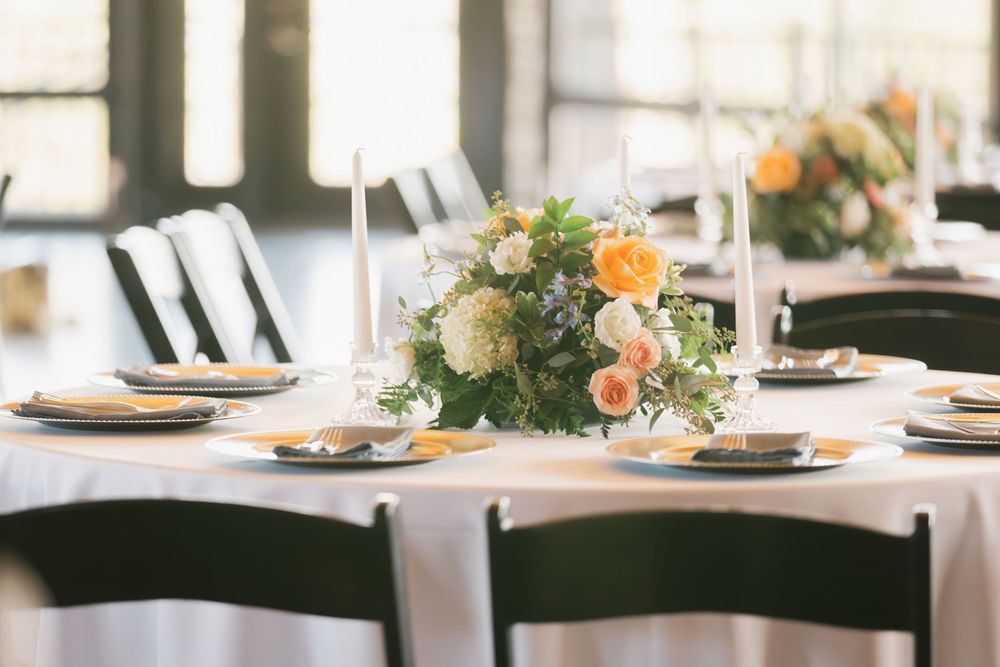 Elegant wedding reception table with peach and white floral centerpiece, taper candles, and place settings.