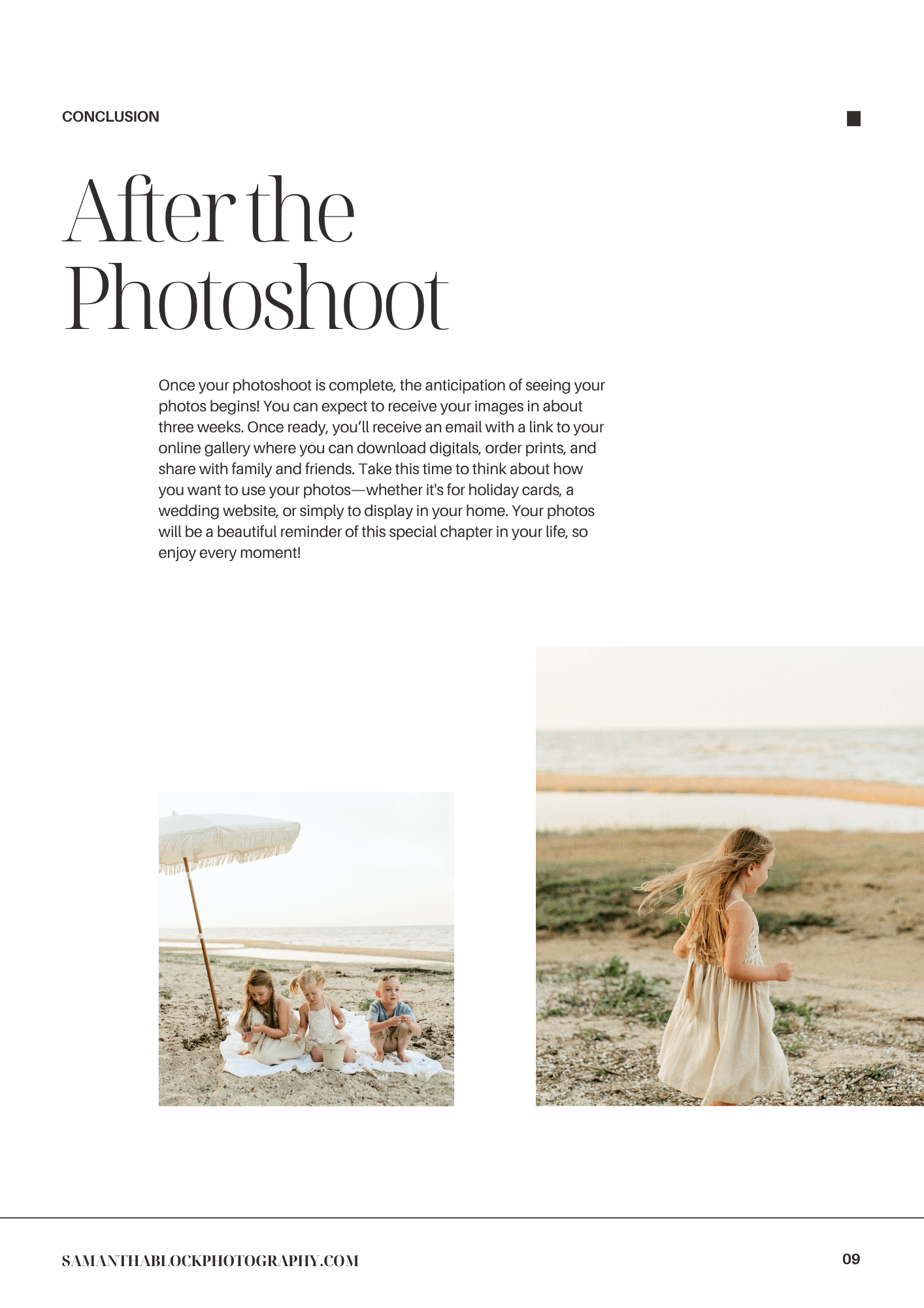 A family enjoys a sunny beach photoshoot under a white umbrella, with a young girl posing gracefully on the sandy shore.