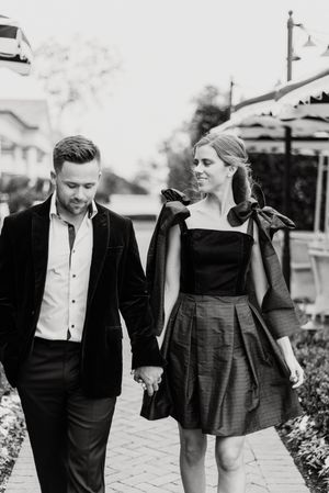 Black tie husband and wife portrait in black and white at the Rosewood Hotel Montecito