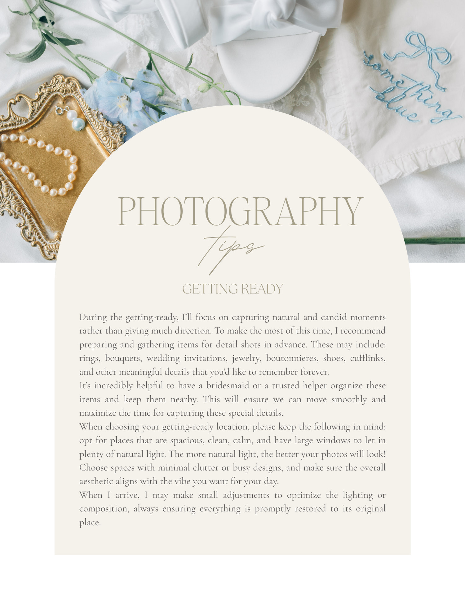 Wedding photography tips guide with elegant flat lay of rings, bouquet, and bridal accessories on a soft neutral background.