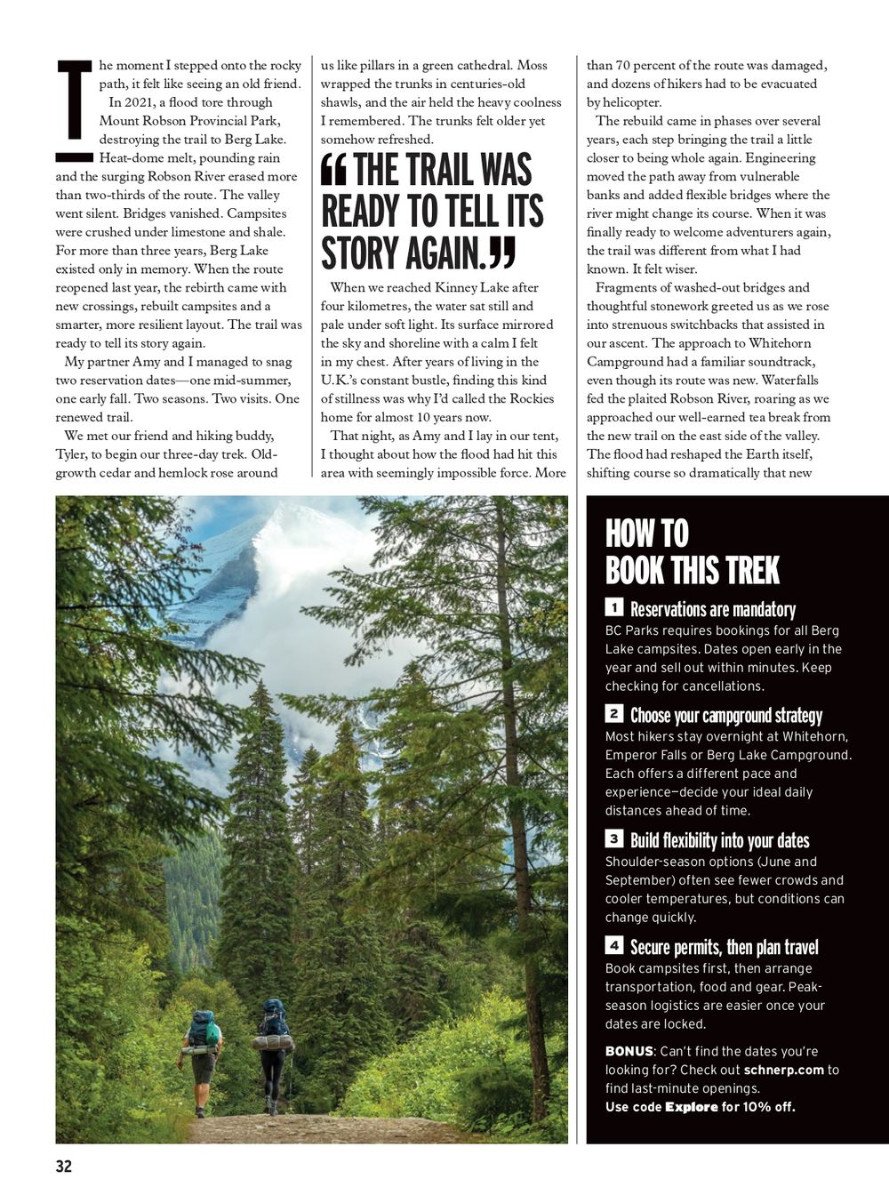 Magazine layout showing article text and forest photography with mountain peaks in background.