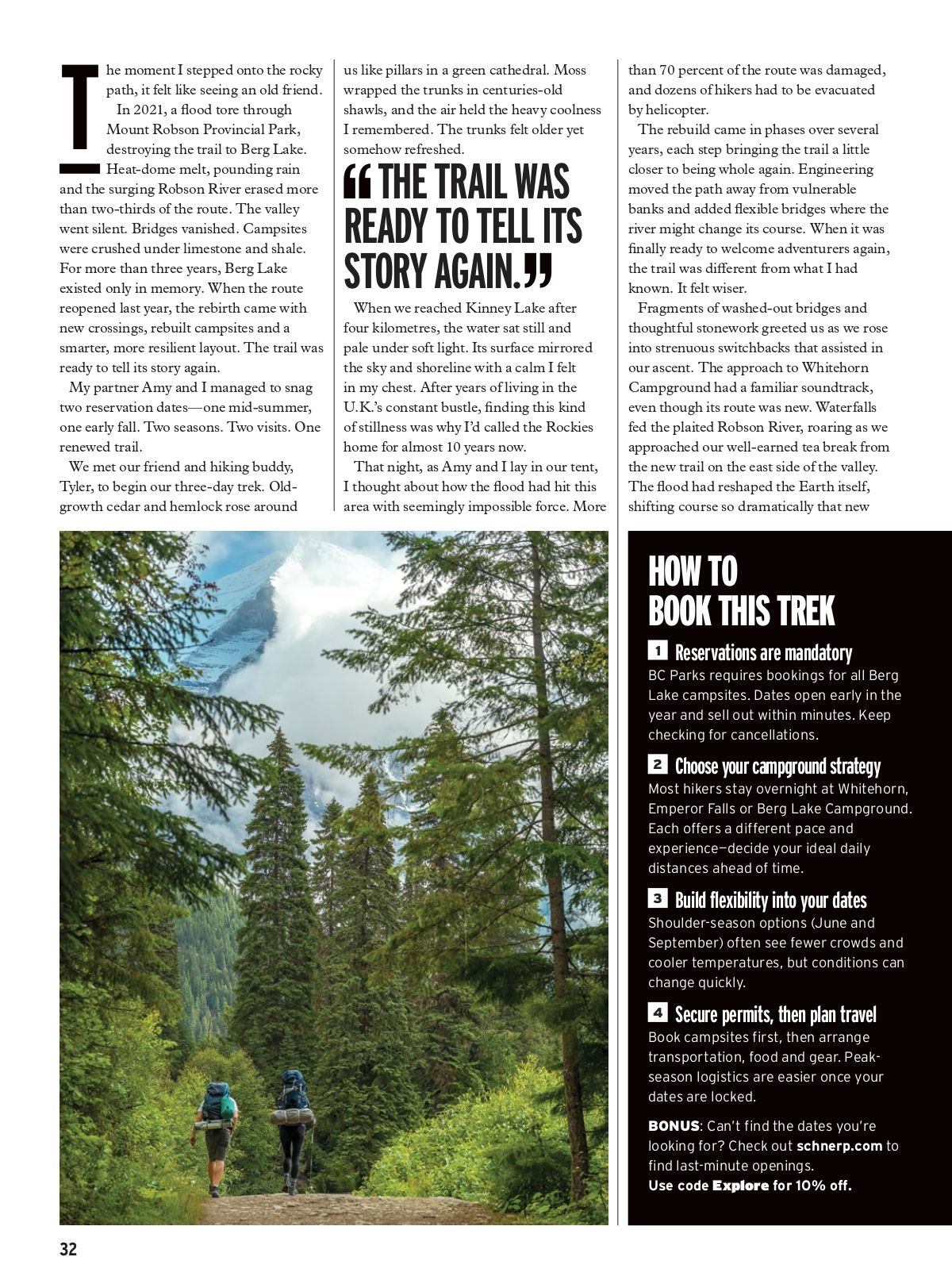 Magazine layout showing article text and forest photography with mountain peaks in background.