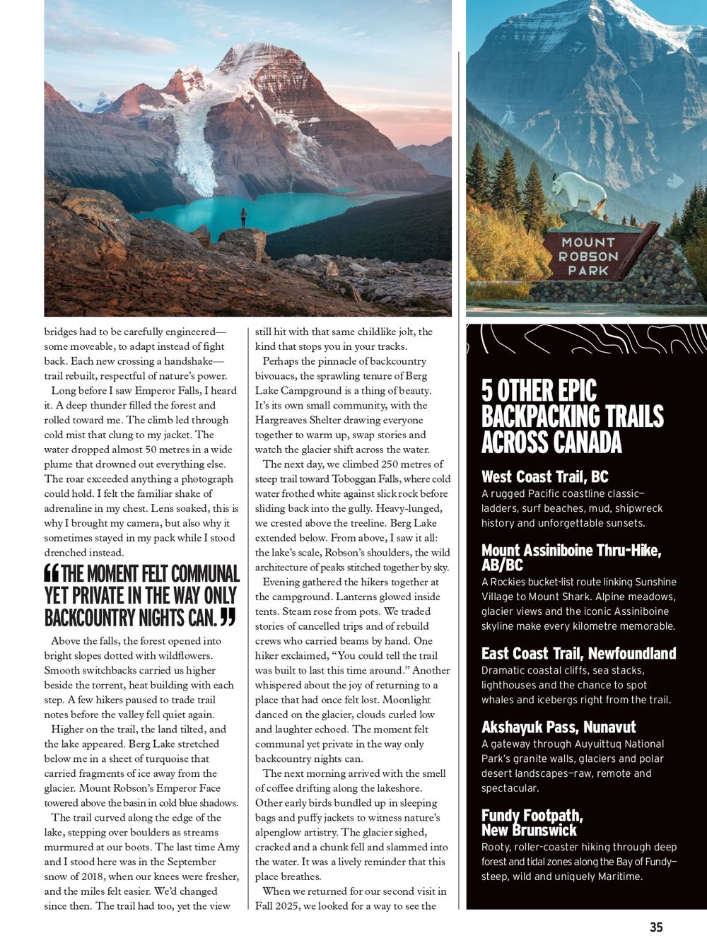 Magazine layout showcasing scenic mountain hiking trails and outdoor adventure destinations with turquoise lakes and snow-capped peaks.
