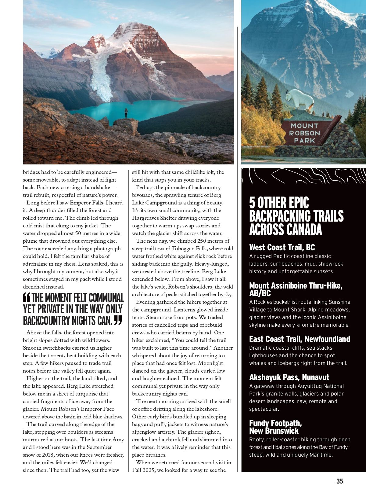 Magazine layout showcasing scenic mountain hiking trails and outdoor adventure destinations with turquoise lakes and snow-capped peaks.