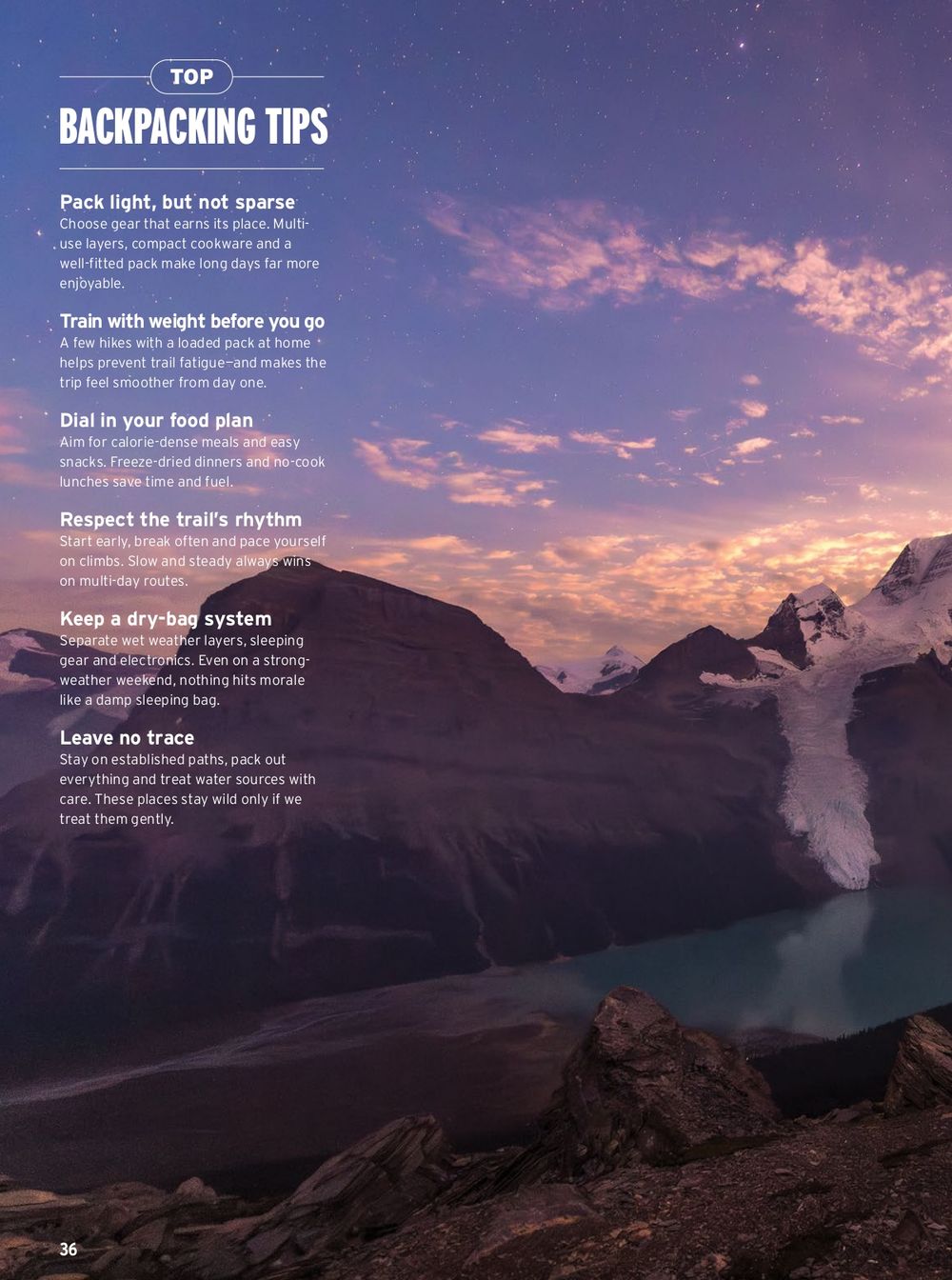Purple sunset over mountain silhouettes with backpacking tips text overlay against dramatic sky.