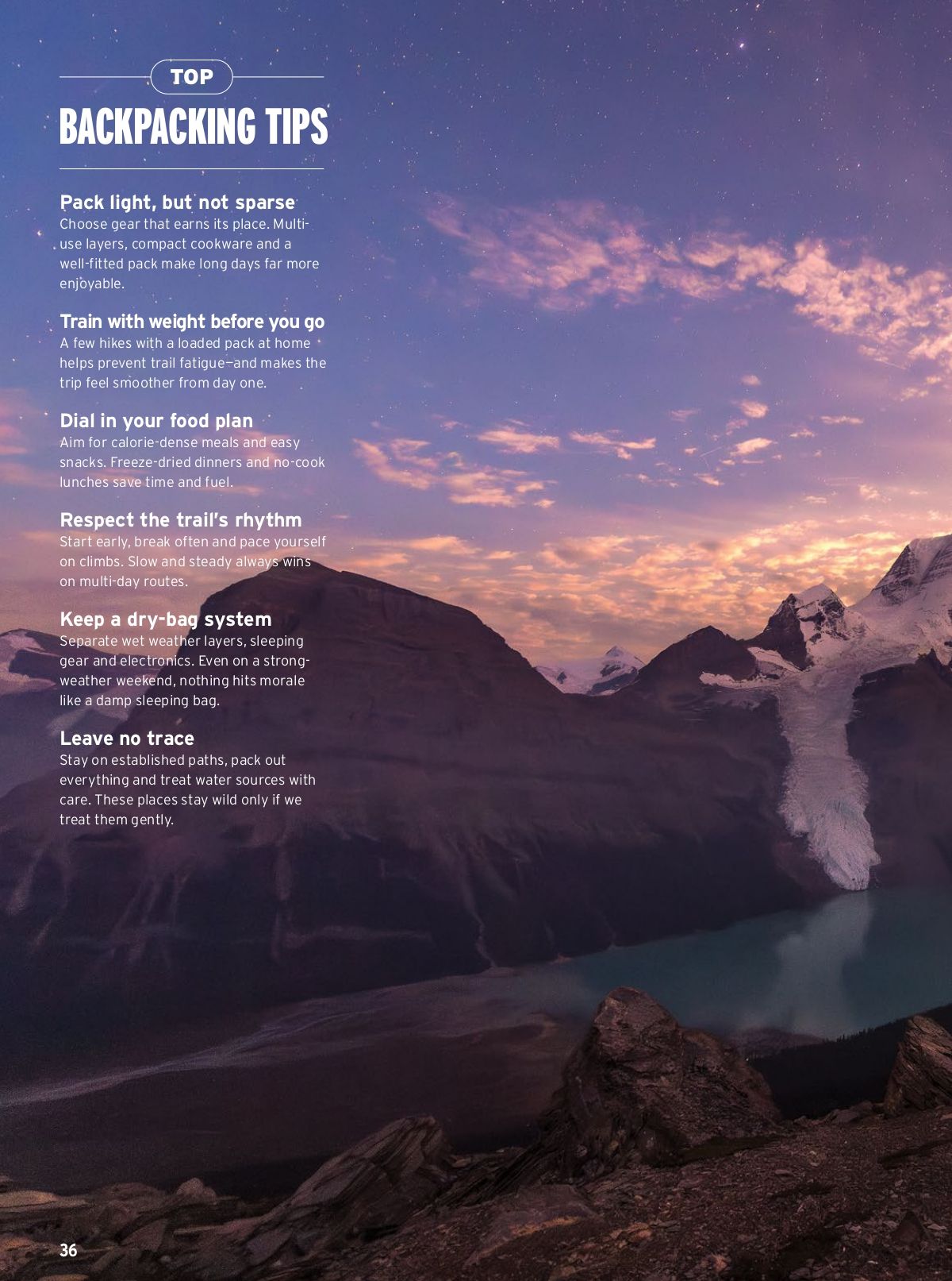 Purple sunset over mountain silhouettes with backpacking tips text overlay against dramatic sky.