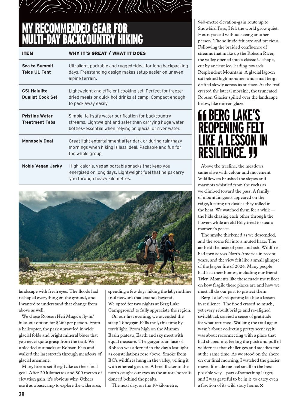 Editorial spread featuring mountain landscapes and hiking information with text overlays and trail descriptions.