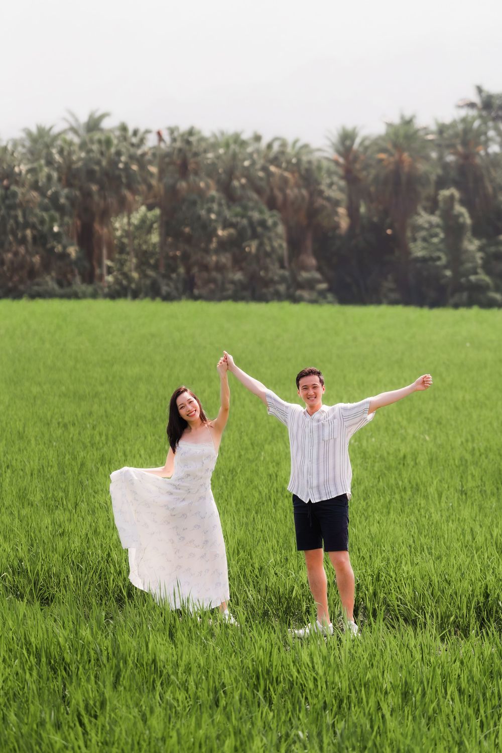 Joyful Asian couple holding hands with arms raised in a vibrant green rice field.