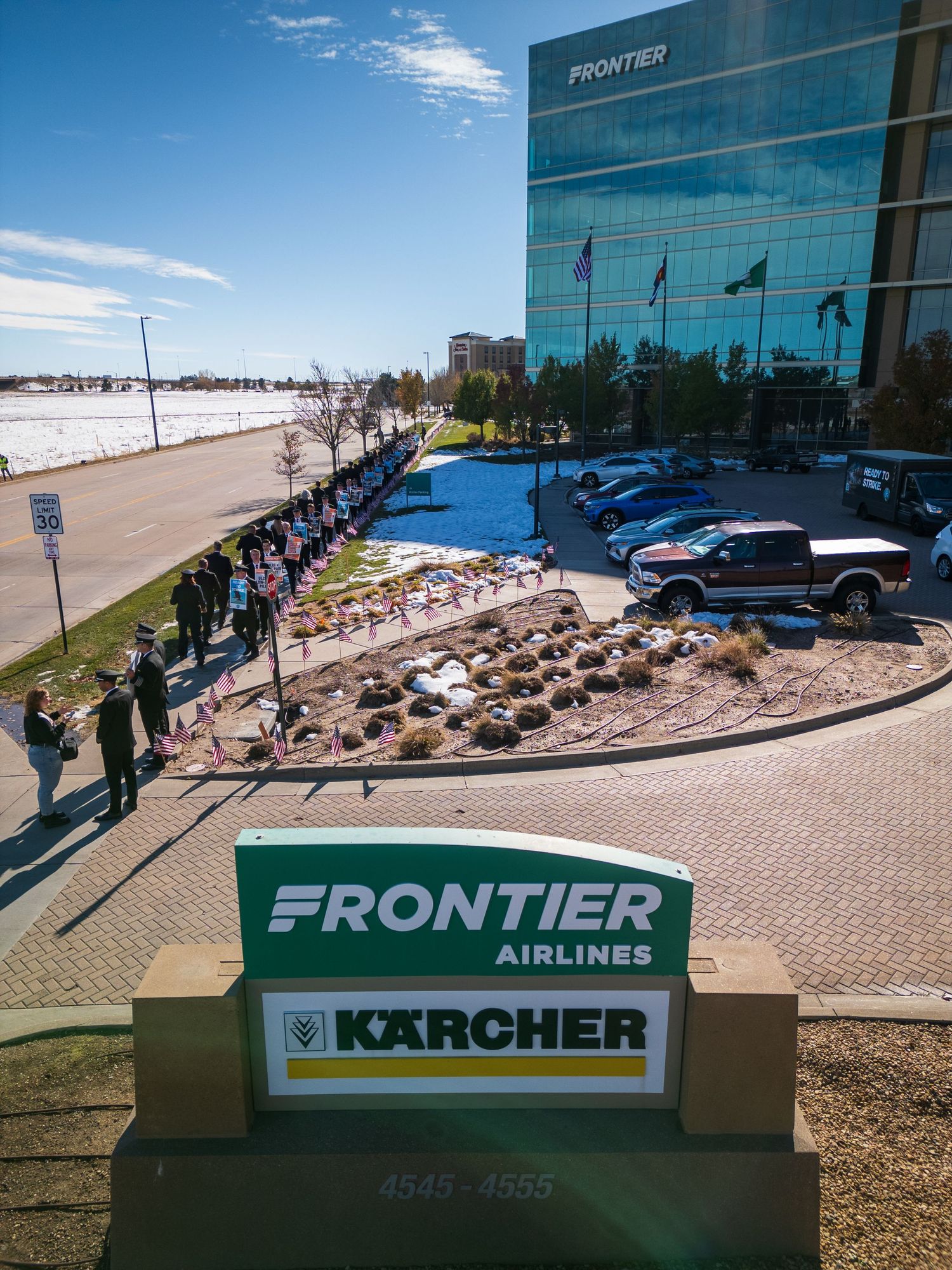 Aerial/drone shot of Frontier Airlines headquarters near DIA by Hospitality, Travel & Tourism photographer Captain Colorado Photography.
