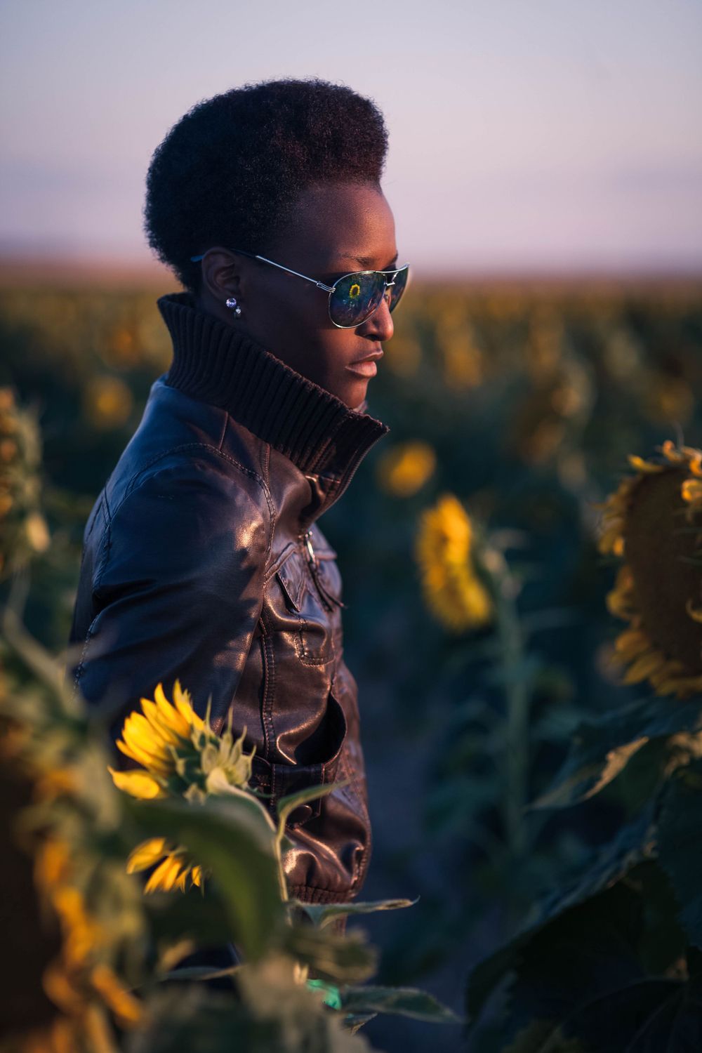 Stylish figure in brown leather jacket and sunglasses poses amid blooming sunflower field at sunset.