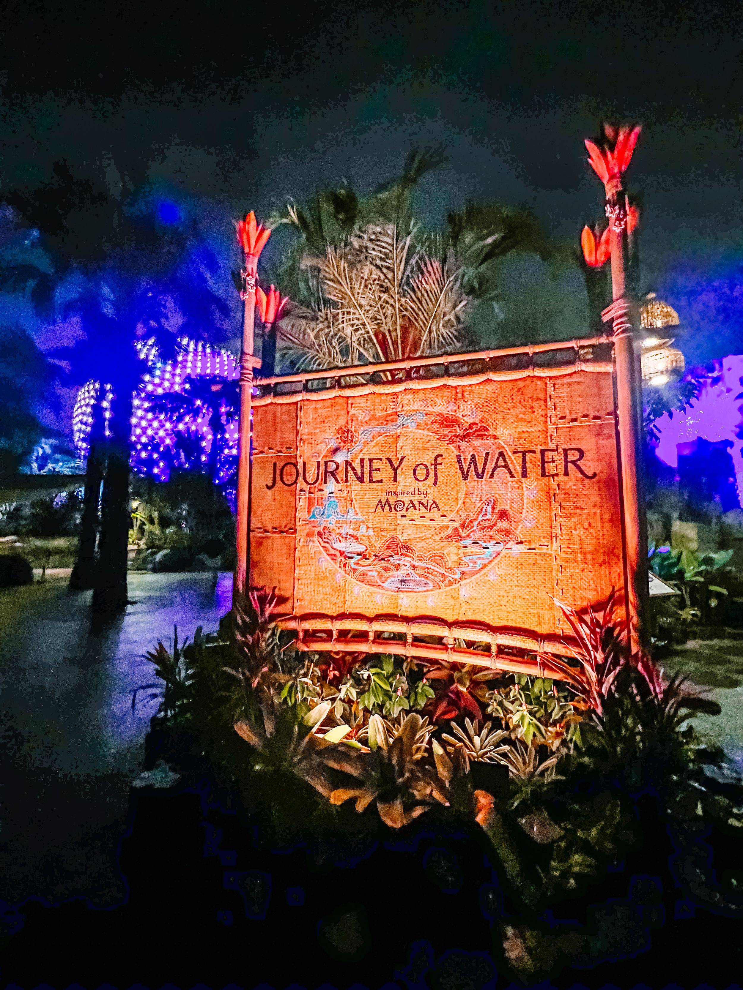 Illuminated 'Journey of Water' entrance sign with glowing blue lights and red tropical flowers at night.