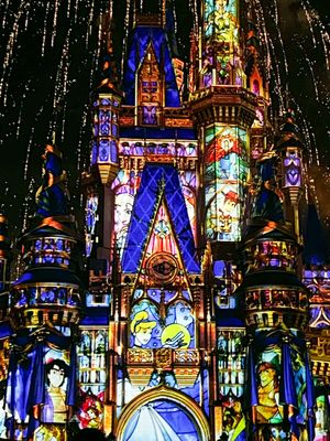 Projection mapping show on Cinderella Castle at Disney World features colorful lights and animations on castle facade at night.