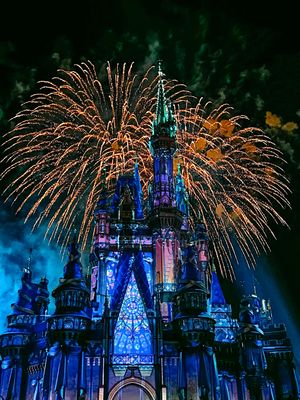 Fireworks explode over Cinderella Castle illuminated in blue lights during a Disney nighttime spectacular show.