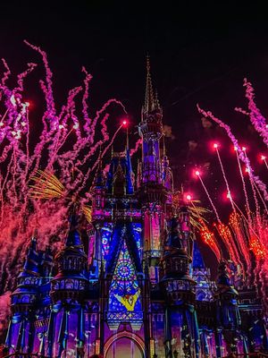 Colorful fireworks illuminate a nighttime castle at Disney World theme park as blue and pink lights dance across the sky.