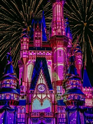 Disney's Cinderella Castle illuminated in vibrant pink and blue colors with fireworks bursting in the night sky.