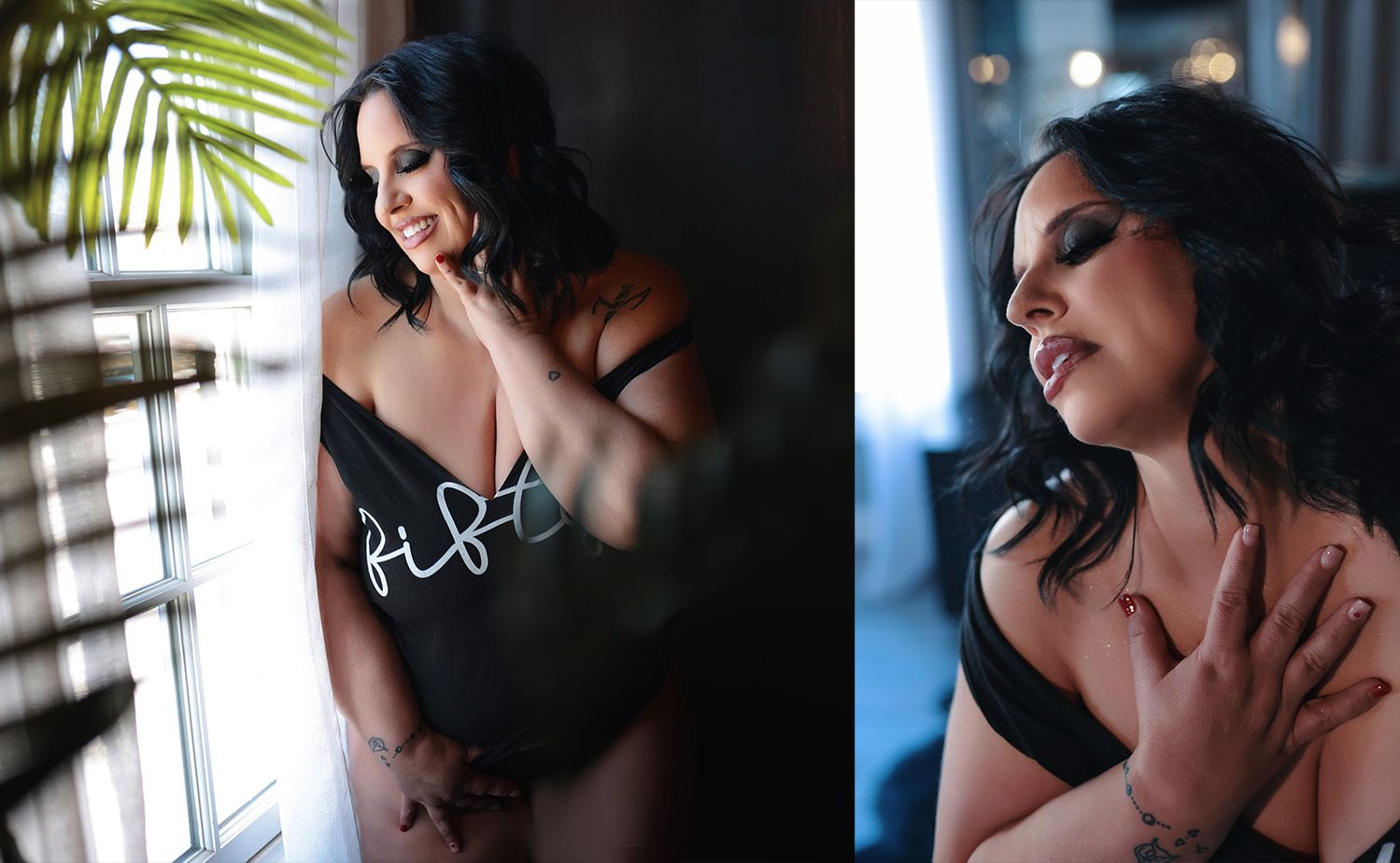 Artistic diptych of moody indoor fashion portraits.