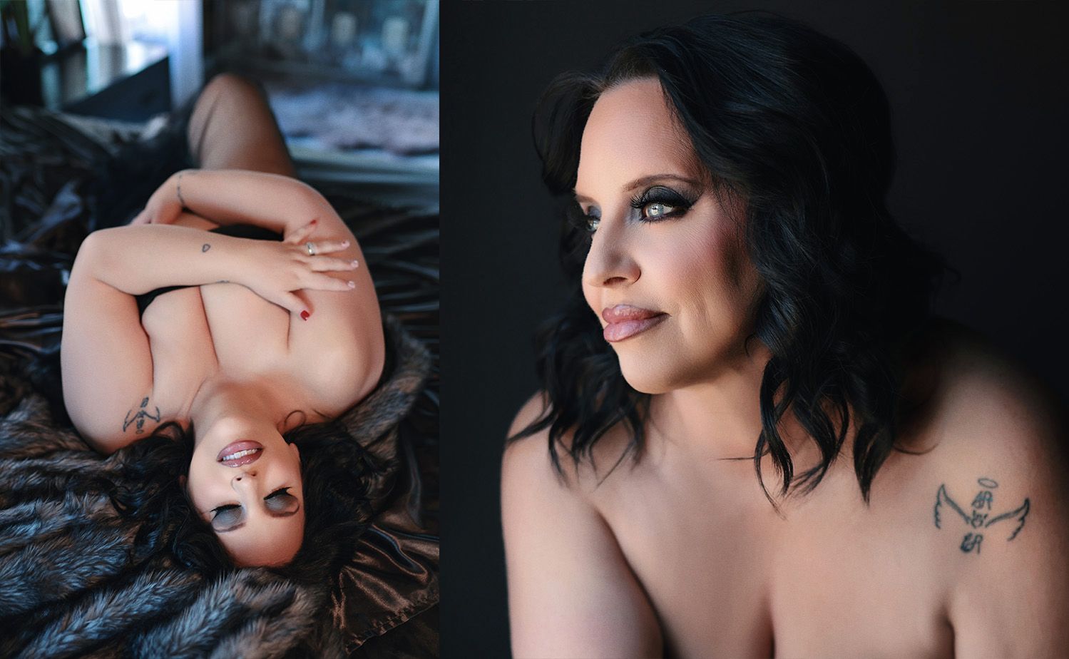 Contrasting diptych of dark romantic boudoir portraits.