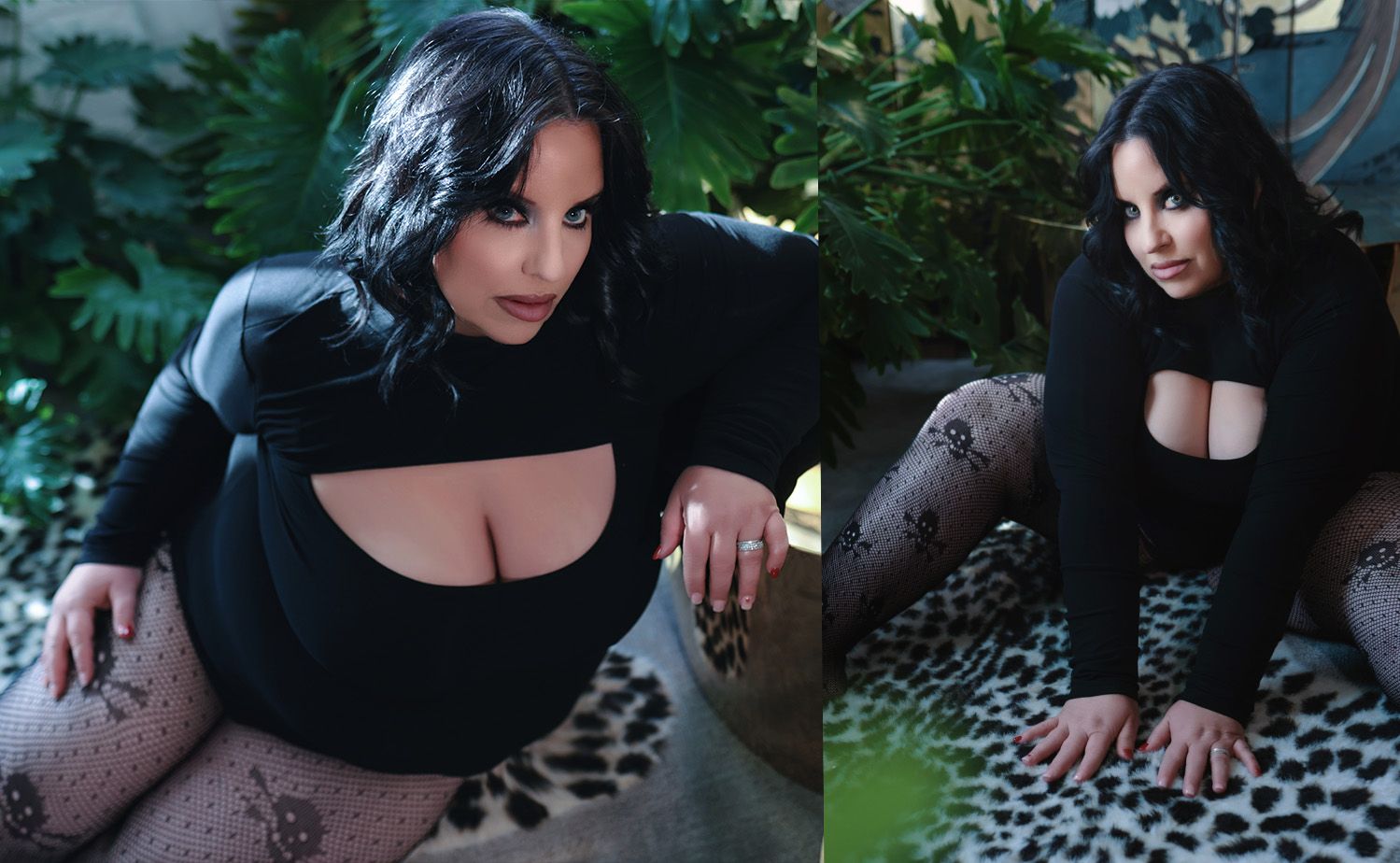 Outdoor fashion portraits featuring black cutout dress against foliage.