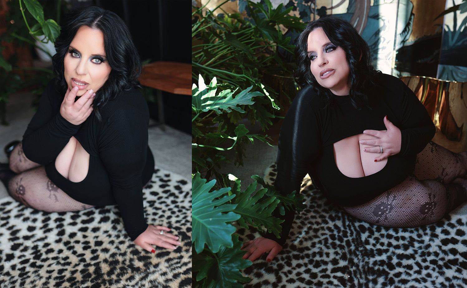 Indoor fashion portraits on leopard print with gothic aesthetic.