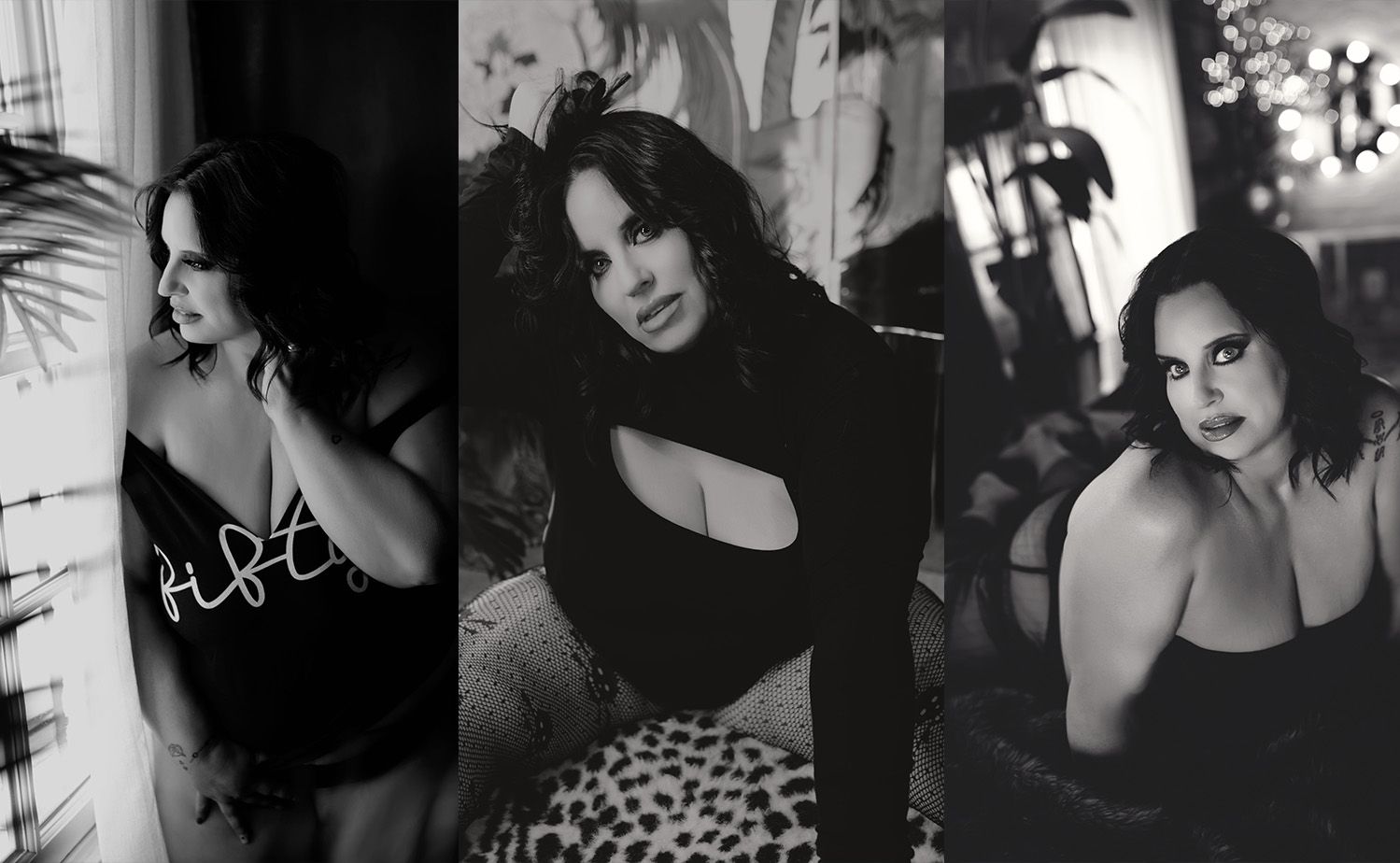 Triptych of moody black and white fashion portraits.