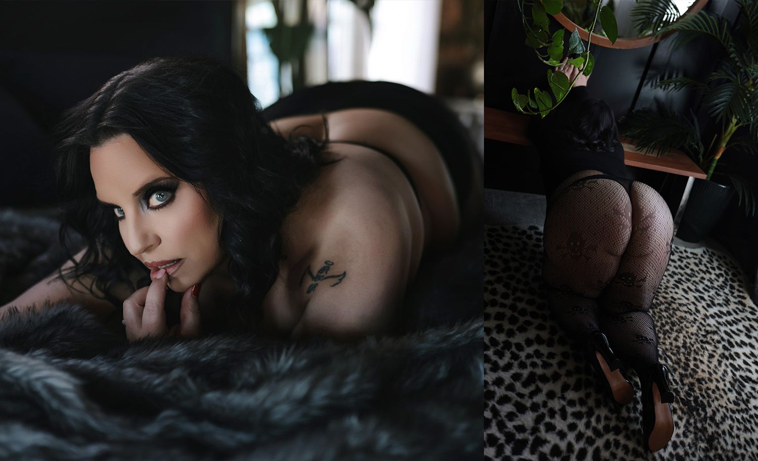 Artistic boudoir photography with moody lighting on dark textured bedding.