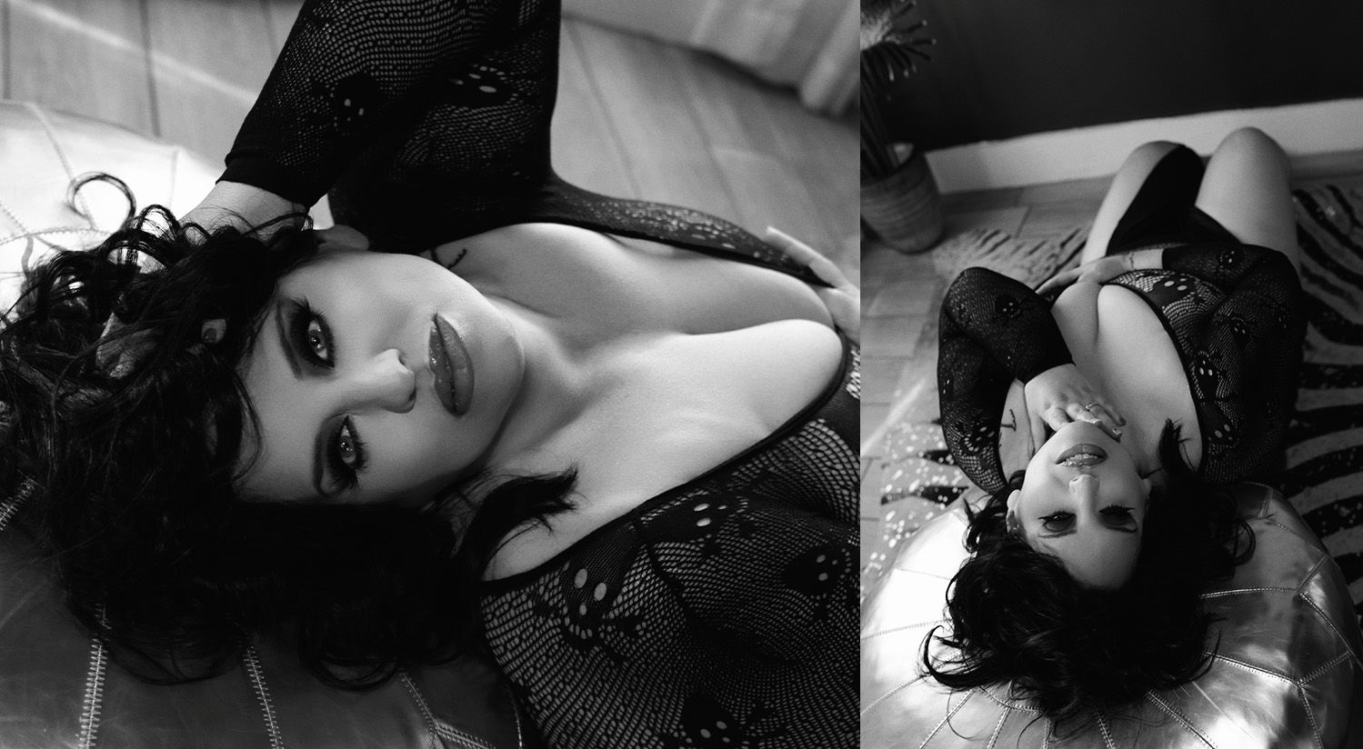 Black and white portrait photography with classic boudoir styling.