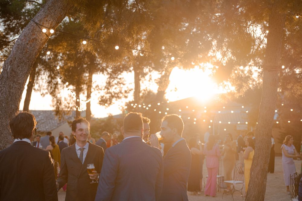 Golden sunset light streams through trees at outdoor wedding reception.