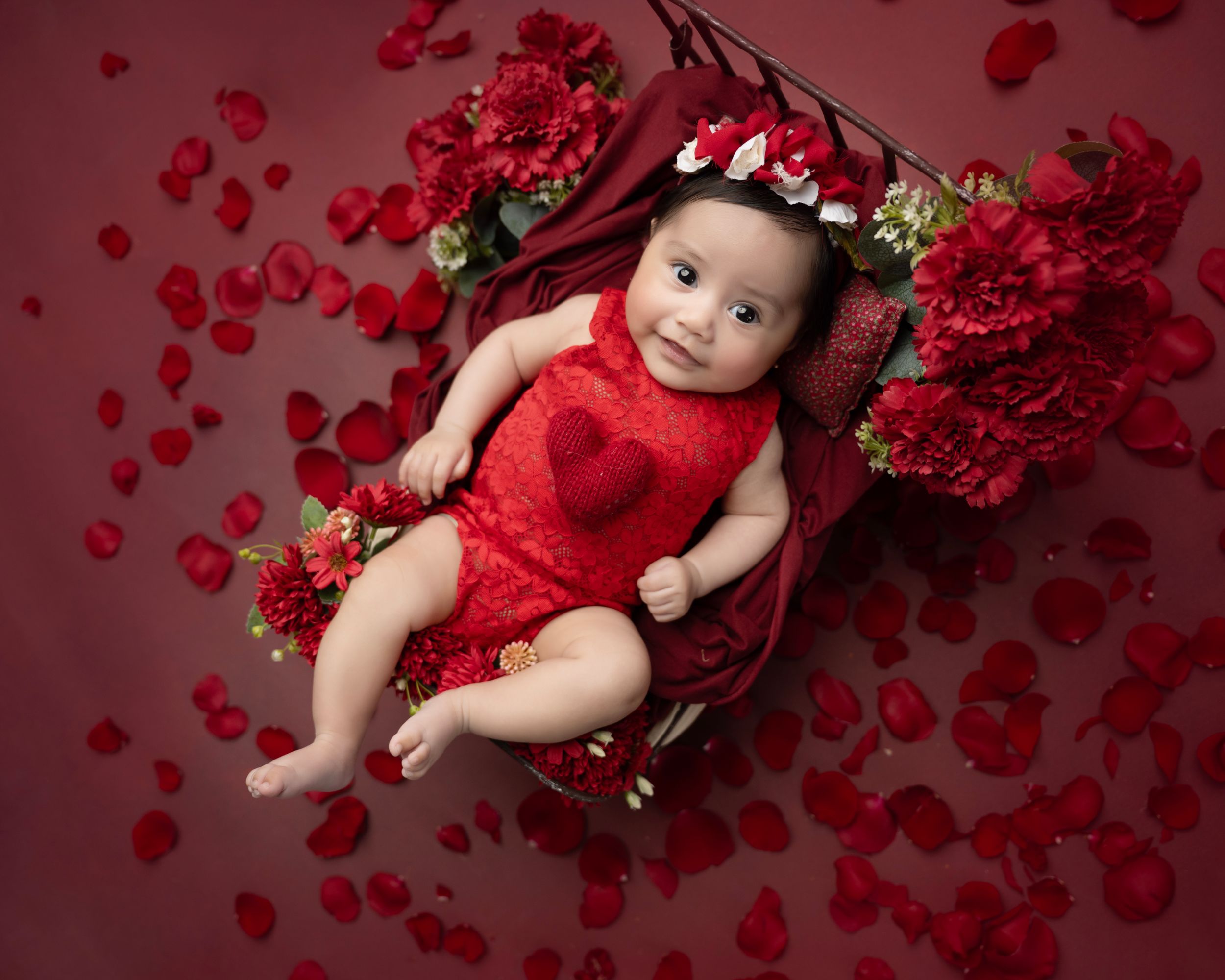 Professional baby portrait with red floral decorations and scattered petals on burgundy background.