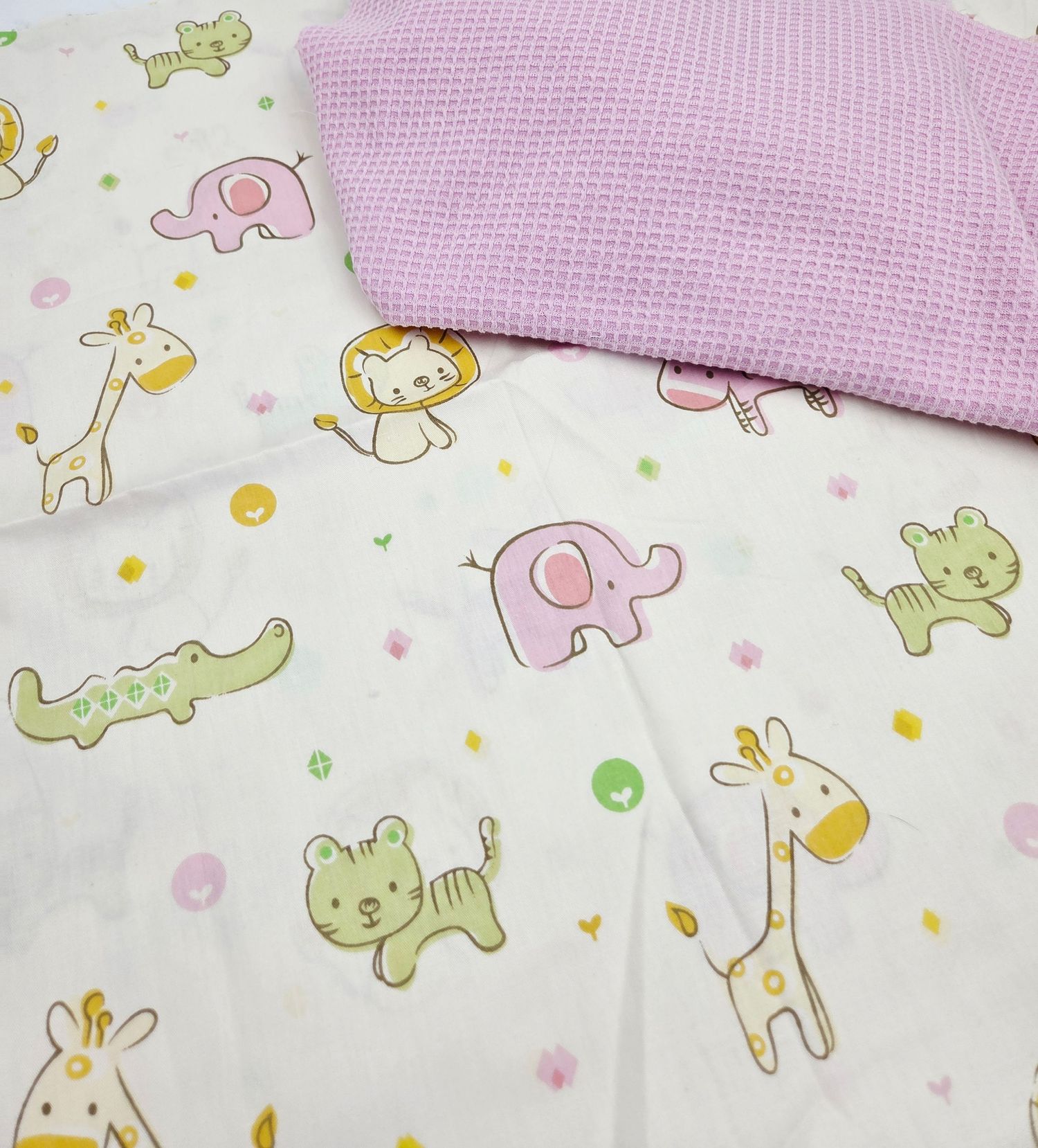 Baby nursery fabric pattern with cute pastel animals including elephants, ducks, and bunnies on white background.
