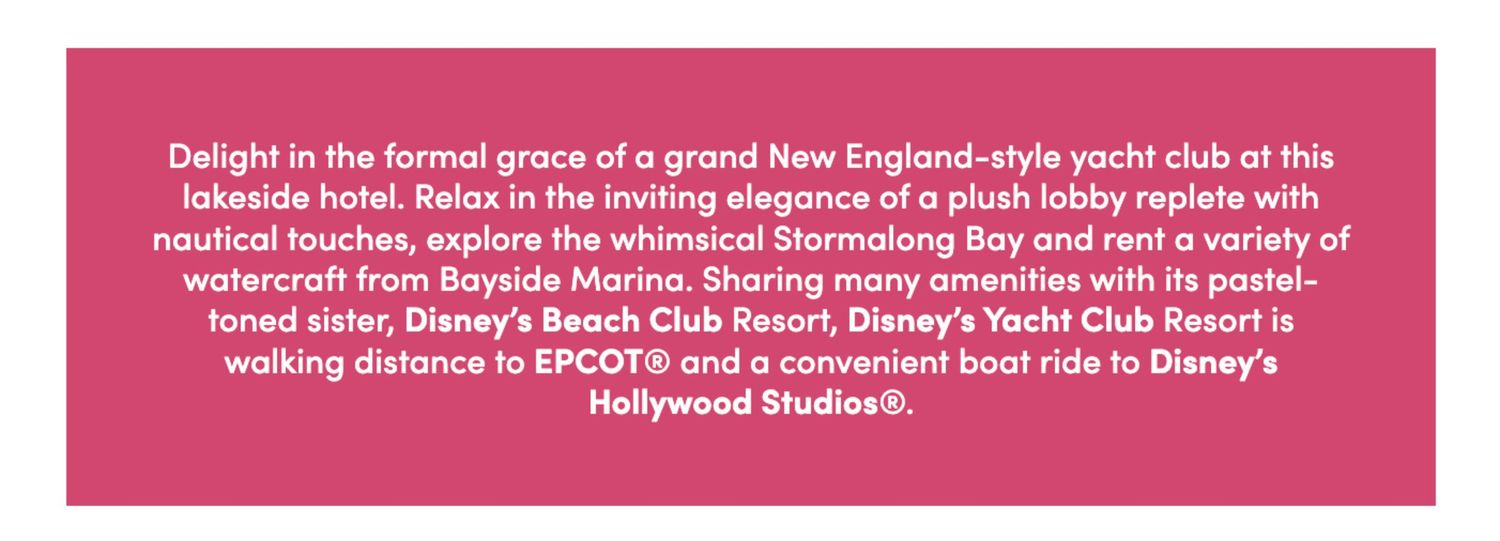 Pink text banner describing the New England-style yacht club resort experience.