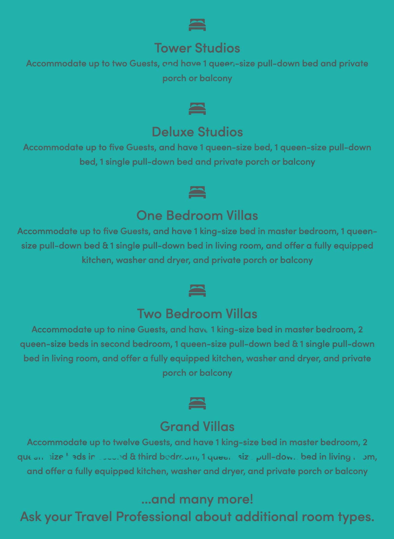Teal infographic showing different room types and accommodations at Disney's Riviera Resort.