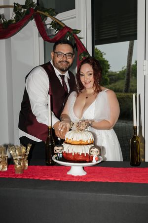 Bride and groom cutting a bundt wedding cake with Funko Pop toppers on a red tablecloth at their reception.