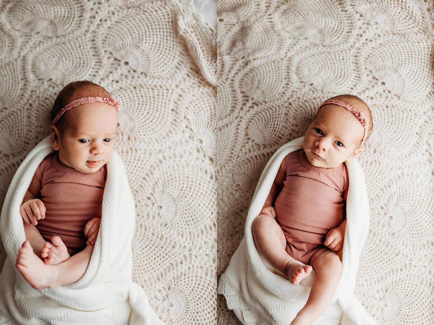 Newborn baby girl swaddled in white wrap wearing pink headband, lying on cream crochet blanket in studio photo.