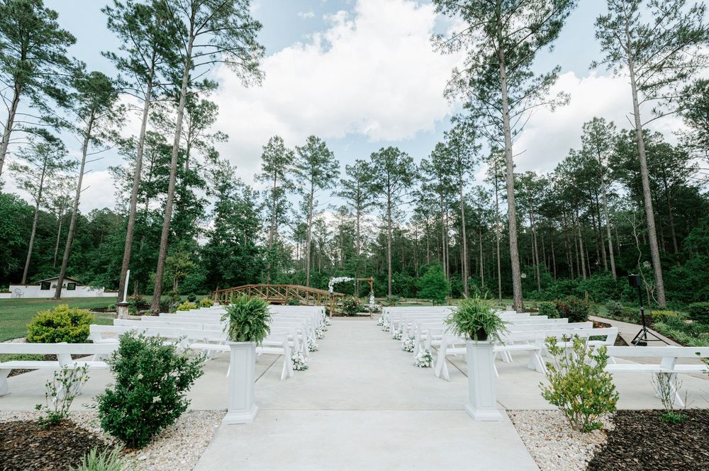 Outdoor wedding ceremony venue with white benches lining a paved aisle surrounded by tall pine trees and lush greenery.