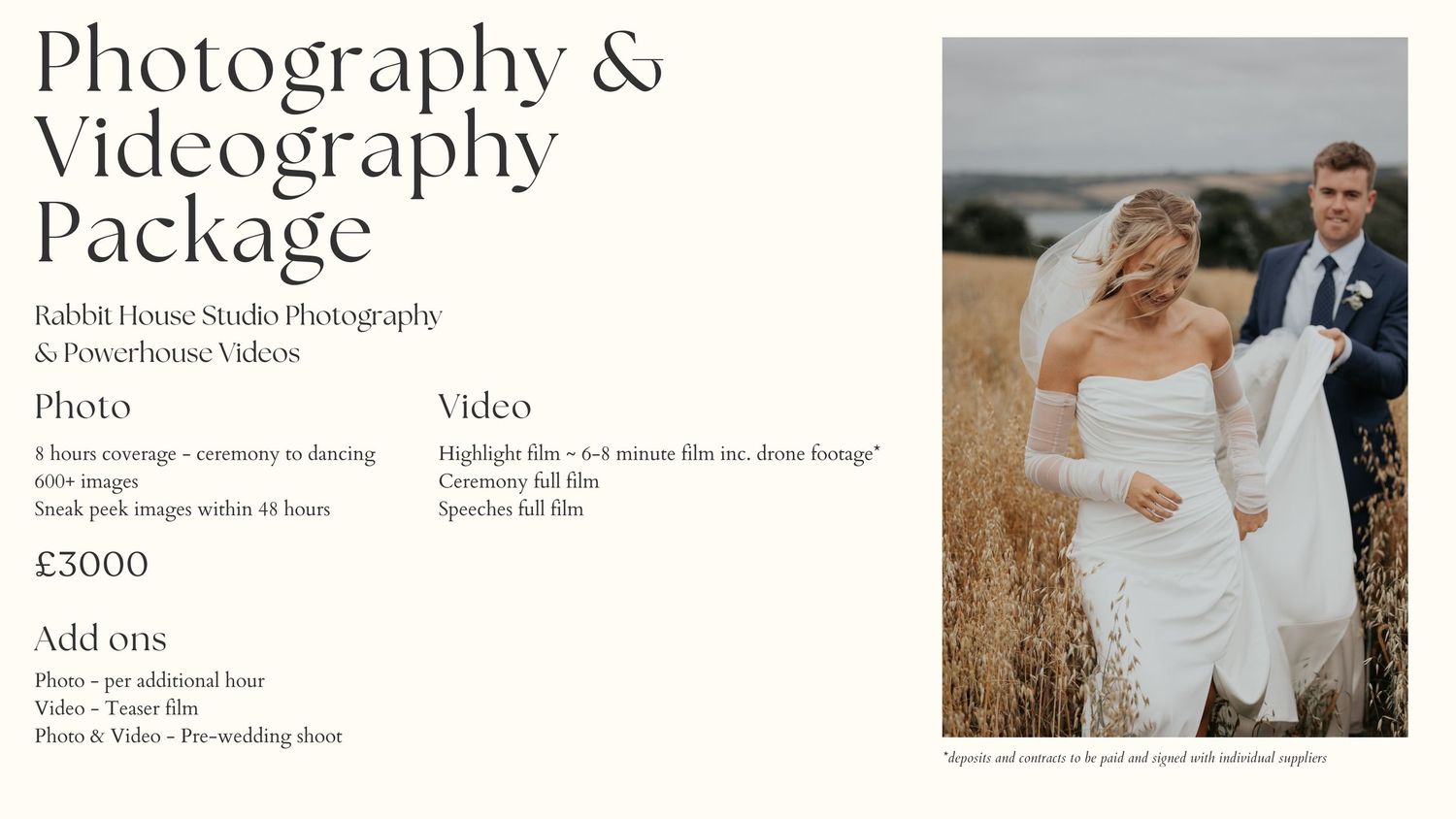 Wedding photography and videography package promotional flyer showing a couple embracing in a field with pricing details.