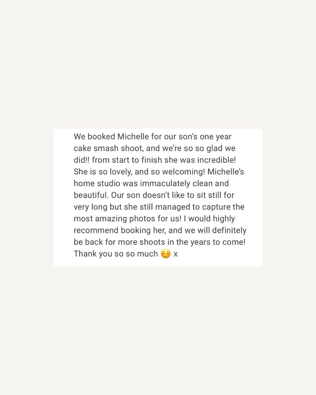 A glowing five-star customer review praising Michelle's photography studio for a one-year cake smash shoot.