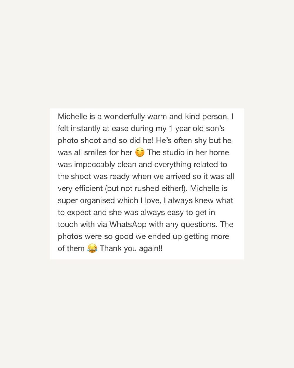 Five-star customer review praising Michelle's photography studio for a 1-year-old boy's photo shoot session.