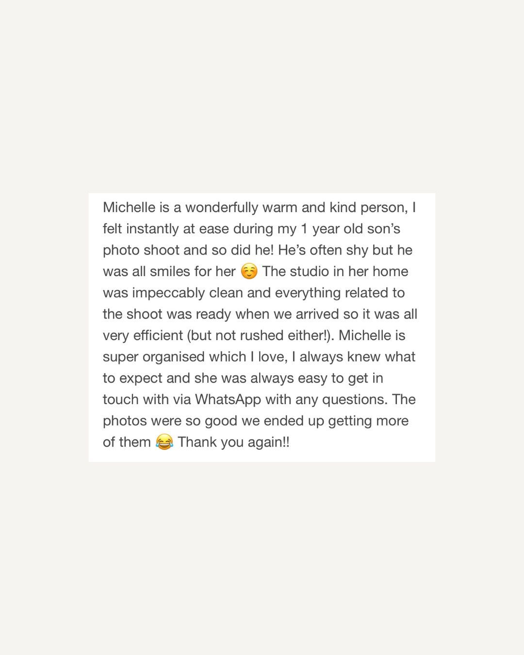 Five-star customer review praising Michelle's photography studio for a 1-year-old boy's photo shoot session.