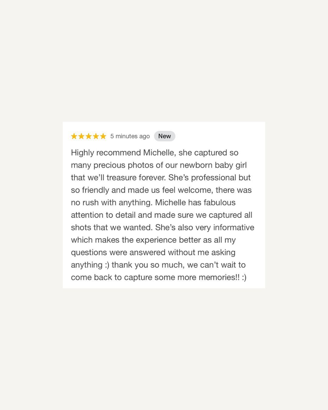 Five-star customer review praising Michelle's newborn photography skills, professionalism, and attention to detail.