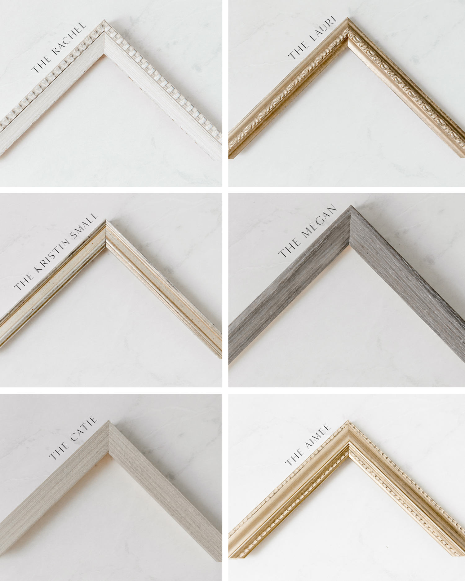 Six decorative picture frame corner samples in white, gold, silver, and cream finishes displayed on a marble background.