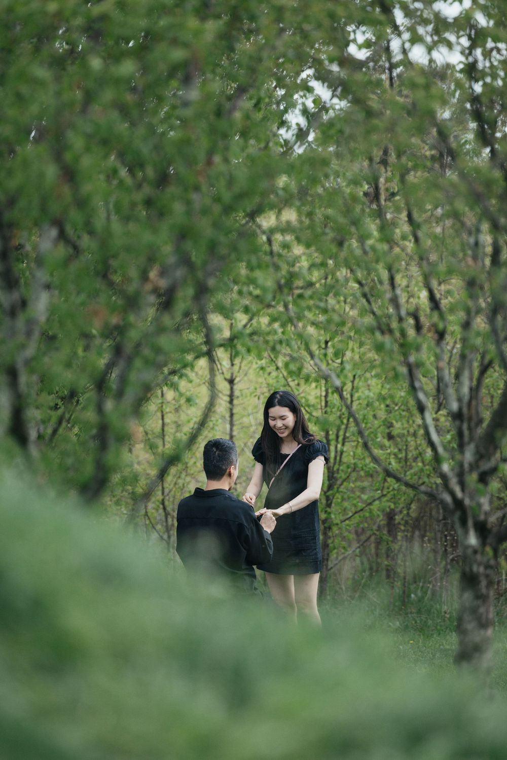 Couple holding hands in a lush green forest, woman in black dress smiling warmly at her partner outdoors.