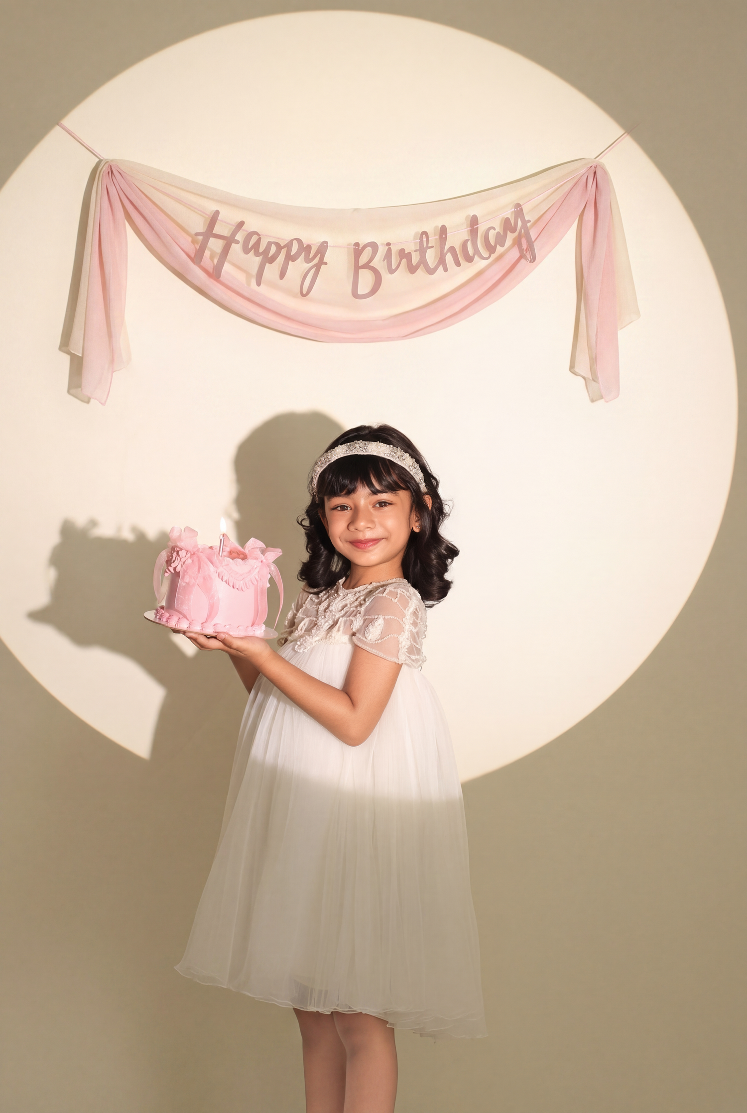 Young girl in white dress holding pink birthday cake under Happy Birthday banner in elegant photo studio setting.